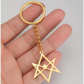 EUEAVAN Unicursal Hexagram Symbol Keyring 6-Pointed Star Key Ring Occult Satanic Religion Talisman for Women Men, gold, M