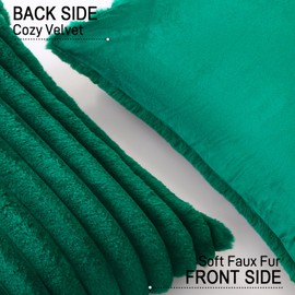 Sungeek Set of 2 Dark Green Faux Rabbit Fur Cushion Covers 50x50 cm, Soft Cozy Plush Striped Decorative Throw Pillow Covers 20x20 inch Velvet Square Pillowcases for Sofa Bedroom