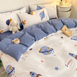 LIWHENHAO Space Duvet Cover Set Queen 100% Cotton Bedding Cartoon Astronaut Rocket Galaxy Print on White 1 Star Comforter Cover Full Zipper Closure 2 Pillowcases for Kids Girls Boys Woman