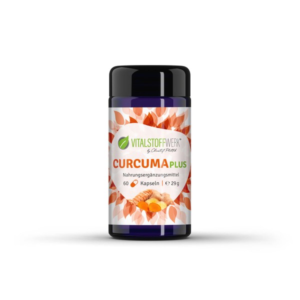 Curcuma Plus VITALSTOFFWERK®, turmeric extract powder, labro tested, vegan, curcumin + black pepper, pack of 60