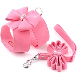 Ranphy Bling Rhinestone Suede Dog Harness No Pull Bowknot Soft Pet Vest with Leash Adjustable for Small Dogs Walking Training Hiking Pink