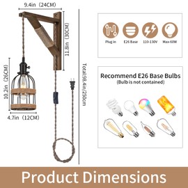 SEEBLEN Rustic Plug in Pendant Lights Set of 2,Farmhouse Wooden Wall Sconces with 6.5ft Braided Cord & On/Off Switch,Industrial Hanging Lamps for Bedroom, Reading,Kitchen, Entryway