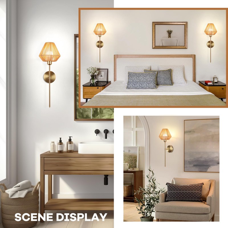 Battery Operated Wall Sconce Set of 2, Rattan Rechargeable Wall