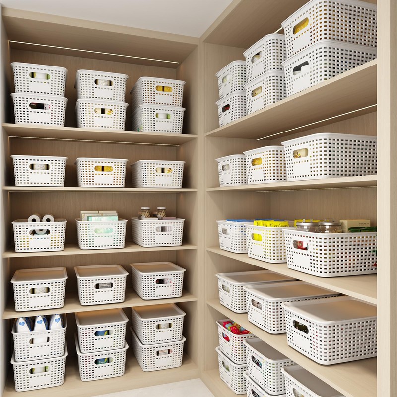 Plastic Storage Basket with Lids 12 Pack Stackable Storage Bins
