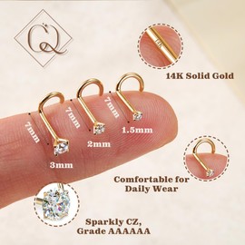 GEMQUEEN 14K Gold Nose Rings Studs : Solid Gold 20G Screw Nose Rings Simulated Diamond CZ Nose Studs Hypoallergenic Nose Piercings for Women Men 1.5mm