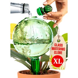 16 Oz Plant Watering Globes for Indoor Plants with Metal Self Watering Planter Insert - Premium XL Glass Hand-Blown Globe - Automatic Plant Waterer Indoor, Gift Idea for Gardeners [1 Globe, Green]