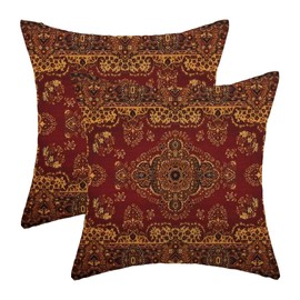 AEIOAE Boho Pillow Covers 16 x 16 Inch Set of 2 Red Gold Bohemian Decorative Throw Pillow Outdoor Linen Square Farmhouse Vintage Retro Carpet Pillowcases for Sofa Couch Home Decor