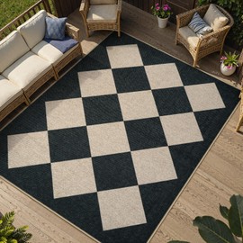 Collive Checkered Easy Jute Outdoor Patio Rug 5x7, Modern LargeWashable Area Rugs Large Non Slip Woven Living Room Carpets, Farmhouse Black Plaid Outside Carpet for Backyard Dining Room Dorm RV