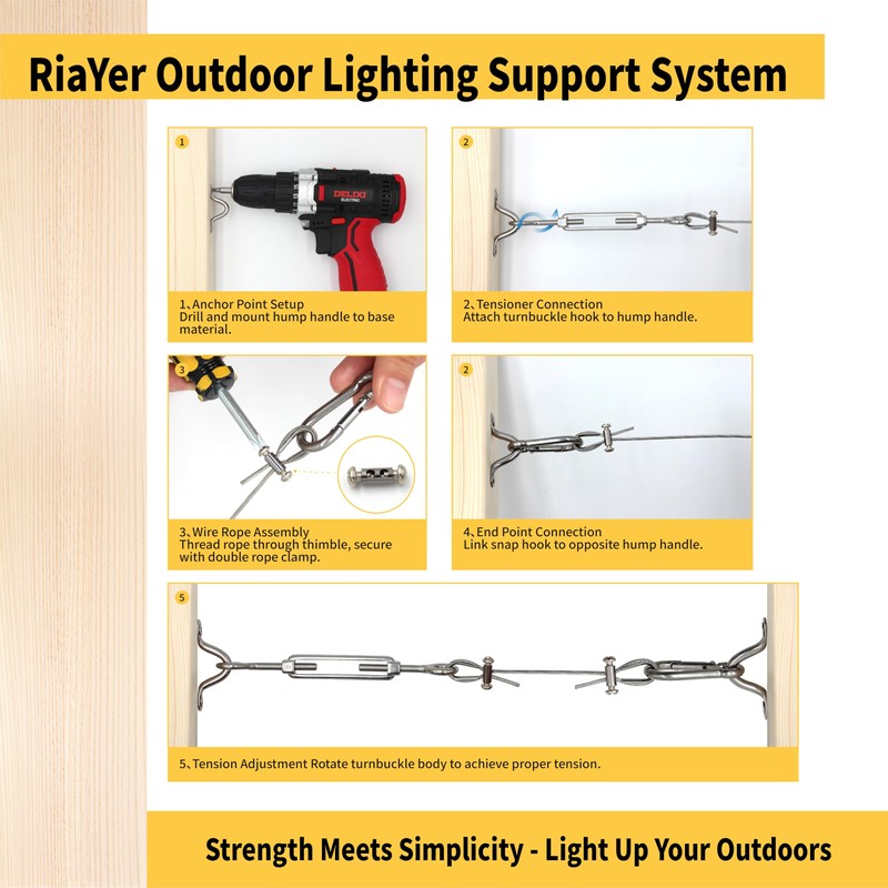 RiaYer 165FT Outdoor String Light Hanging Kit, 1/16" Vinyl-Coated 304