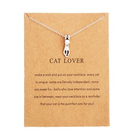 Eoumy Silver Cat Necklace Women Animal Theme Lucky Cat Necklace Gifts with Message Card (Silver Cat)