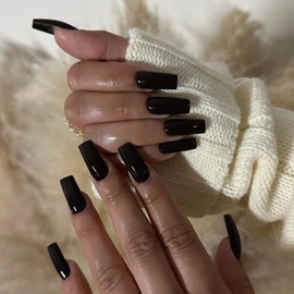 Black Press On Nails Medium Long Square, Xcreando Medium Coffin Nails Acrylic Press ons Glue on Nails Long Length, Solid Color Fake Nail for Women, Natural Thick Artificial Nail Stick on