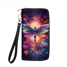 FVAENDHIO Women's Large Capacity Wallet PU Leather Zip Around Clutch Purse Multifunctional Wallet with Removable Wristlet Strap for Smart Phone/Coin/Card/Cash, Dragonfly