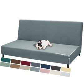 ZNSAYOTX Stretch Fit Futon Cover (67"-82") Armless Futon Sofa Bed Slipcover with Elastic Band, Universal Foldable Sofa Mattress Protector Full Queen Size, Washable Comfort Jacquard (Light Grey)