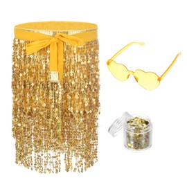 PATIKIL Women's Sequin Tassel Skirts, 3 Pack Rave Fringe Sparkle Skirt with Heart Sunglasses and Face Glitters for Women Festival Party Costume, Gold Tone