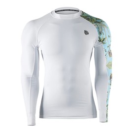 HUGE SPORTS Mens Rash Vest- Rash Guard Long Sleeve Quick Drying Wetsuit Swimming Top for Surfing BJJ Jiu Jitsu(White Forest,L)