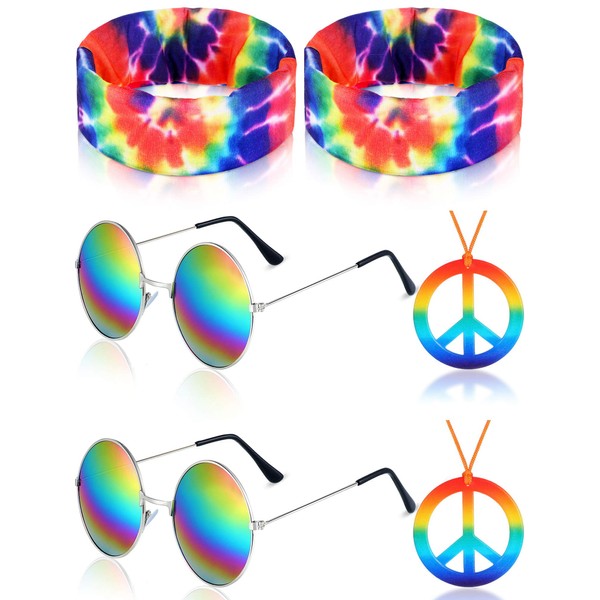 Frienda Hippie Costume Set, Hippie Sunglasses, Peace Sign Necklace and Tie Dye Headband for 60s 70s Accessories(Rainbow)