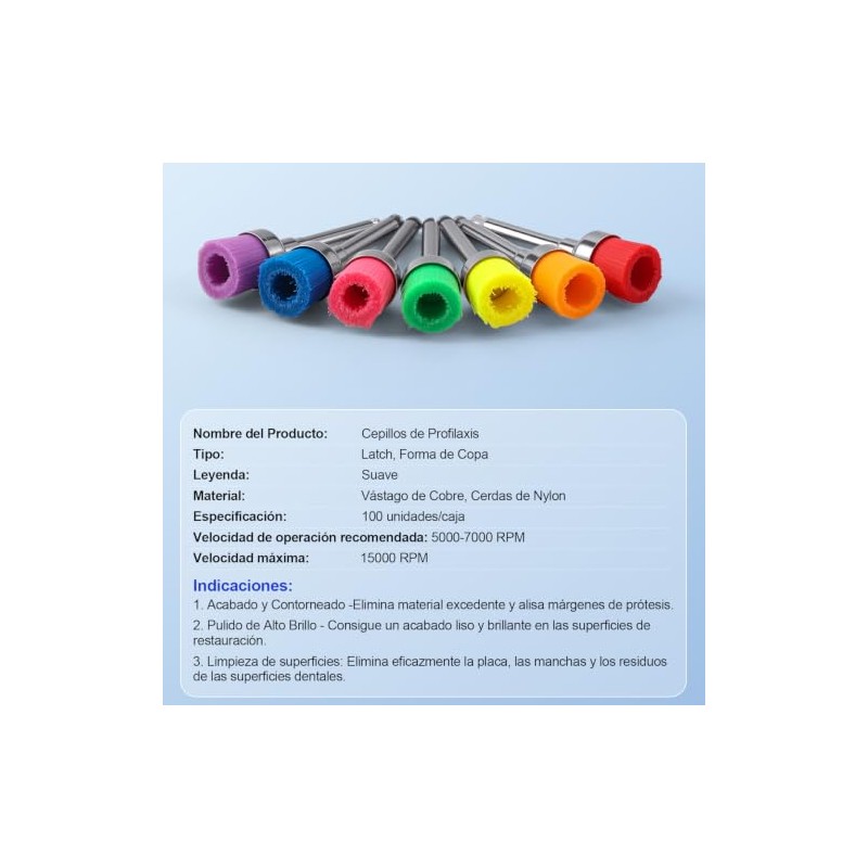 Cepillos Profilaxis Dental Tipo Copa Cerdas Nylon Suave 100pcs Colorido