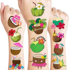 Coconut Temporary Tattoos 10 Sheets 100PCS Hawaiian Coconut Party Decorations Supplies Favors Luau Theme Birthday Cute Stickers Christmas Gifts for Boys Girls Kids Class School Prizes Carnival