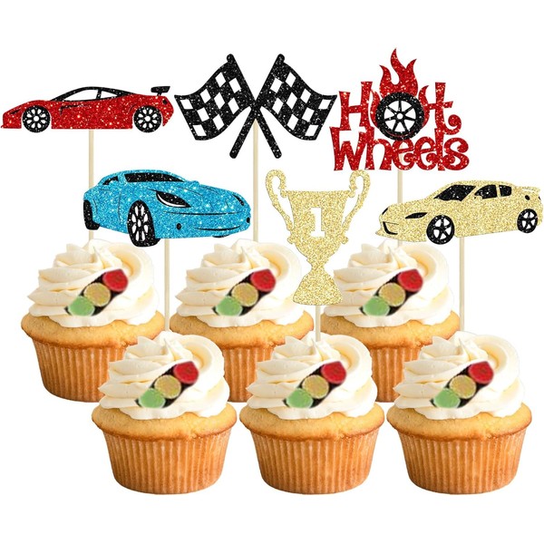 Confetti! 24Pcs Race Car Cupcake Toppers Glitter Traffic Light Steering