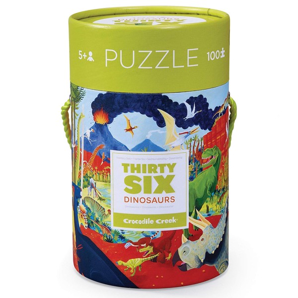 Crocodile Creek - Thirty-Six Dinosaurs - 100 Piece Jigsaw Puzzle in Canister, Includes Educational Dino Finder Sheet, for Ages 5 Years and Up, 1 ea (4054-1)