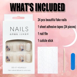 Spring Short Press on Nails Square Blue Flower Fake Nails with Design Glossy False Nails Artificial Glue on Nails Floral Coffin Full Cover Stick on Nails for Women Nail Art Decorations 24Pcs