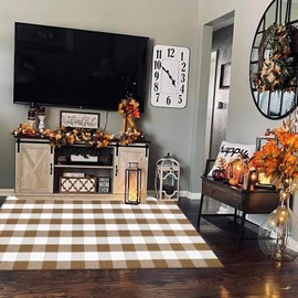Fall Outdoor Rug Brown and White Buffalo Plaid Rug Cotton Hand-Woven Buffalo Check Rug Layered Doormats for Front Door/Front Porch/Farmhouse/Entryway/Patio
