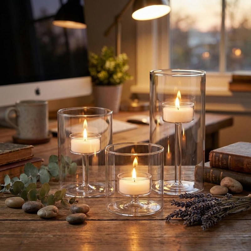 Yiyiring 3 Set Hurricane Glass Candle Holders Pillar Votive Hand