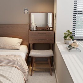 Muwuele Solid Wood Vanity Stool, Saddle Cushion Vanity Bench with High-Strength Rebound Sponge, Easy Assembly, Vanity Chair, Foot Stool, Makeup Stool for Bedroom, Entryway, Walnut