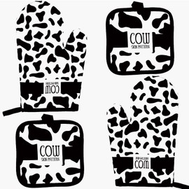 PXIYOU Milk Cow Linen Oven Mitts and Pot Holders Sets 4 Pieces, Layer & Stain-Resistant Stitching - Safe Handling of Hot Kitchenware