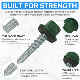 4.8 mm x 25 mm Roofing Screws, Hex Head Self-drilling Color (RAL 6005 Moss Green) Roof Screws With EPDM Sealed Washer, Rust Proof Zinc Plated Hardened Coarse Threads Screw for Outdoor Use (50 pcs)