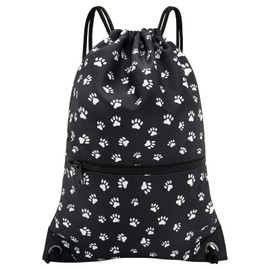 HOLYLUCK Drawstring Backpack Bag Sport Gym Sackpack, Black Background White Dog Paw Prin, 13.4inX18.5in, Sport