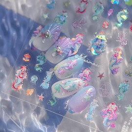 Ocean Nail Stickers Decal 5D Embossed Cartoon Fish Starfish Gel Nail Designs Laser Nail Stickers for Women Self-Adhesive Nail Art Supplies