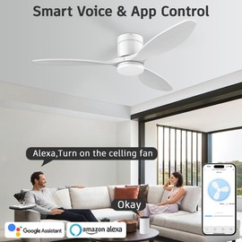52”Wood Smart Flush Mount Ceiling Fans with Lights Remote,Outdoor Indoor Modern White Ceiling Fa,Quiet DC Motor,Ultra Low Profile Ceiling Fan Compatible with Alexa Google Voice App, for Bedroom Patio