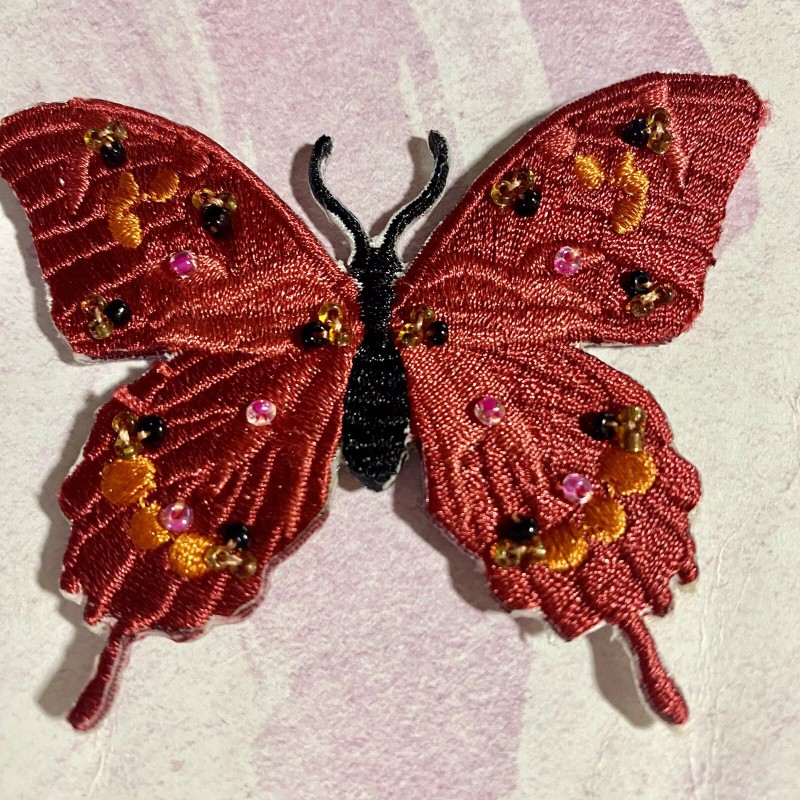 BUTTERFLY IRON ON PATCH EMBROIDERED WITH BEAUTIFUL BEADS! Pink/red So