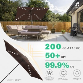 JEAREY 6.5x10 ft Rectangular LED Lighted Patio Umbrellas Outdoor Solar Table Market Umbrella w/Push Button Tilt/Crank, 6 Sturdy Ribs, UV Protection Waterproof Sunproof(Brown)