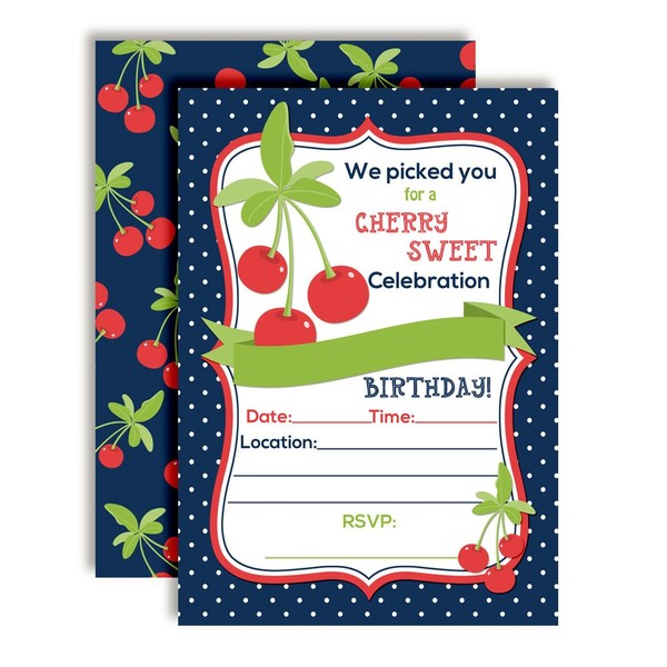 Cherry Sweet Birthday Party Invitations, Twenty 5"x7" Fill In Cards with 20 White Envelopes by AmandaCreation