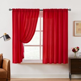 HOMEIDEAS Christmas Non-See-Through Red Privacy Semi Sheer Curtains 45 Inches Long 2 Panels Set Light Filtering Curtains for Living Room Bedroom Drapes,W52xL45