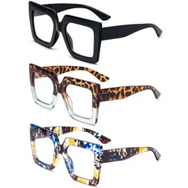 REAVEE 3 Pack Oversized Reading Glasses for Women Large Frame Extra Wide, Blue Light Blocking Readers Stylish Square Thick Eyewear, Black+Leopard Blue+Blue Yellow, 2.5