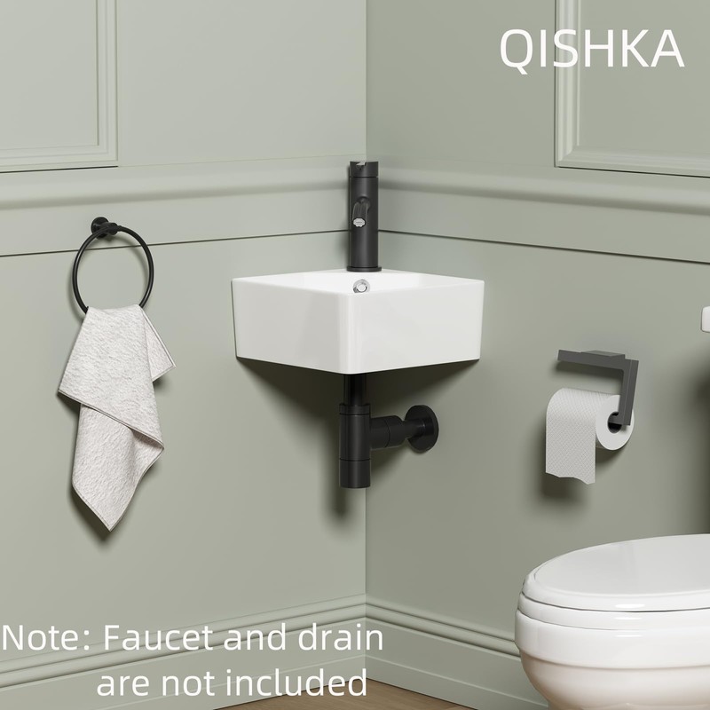 Wall Mount Corner Bathroom Sink, QISHKA 12" X 12" Square