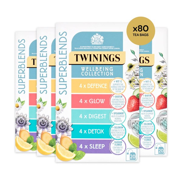 Twinings Superblends Wellbeing Collection - Selection of our bestselling blends: Defence, Glow, Digest, Detox & Sleep Tea Bags, 4 x boxes of 20 biodegradable tea bags, 80 bags in total