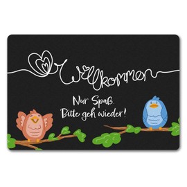 Welcome Just Fun, Please Go Again Doormat in 40 x 60 cm without Border with Funny Birds Comic Fun Visitors Send Away Teasing Fun and Cheeky Doormat in 40 x 60 cm without