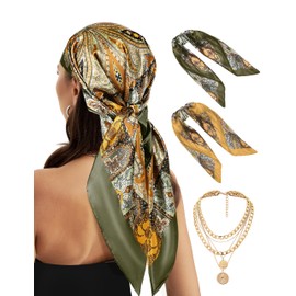 CICOCI 3PCS Head Scarf For Women 35" Satin Large Square Women Bandana Headband With Neacklace Set