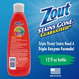 Zout Laundry Stain Remover, Triple Enzyme Formula for Blood, Tomato Sauce, & Oil Stains, Made in USA, 12 Ounce Squeeze Bottle with Flip Top Cap