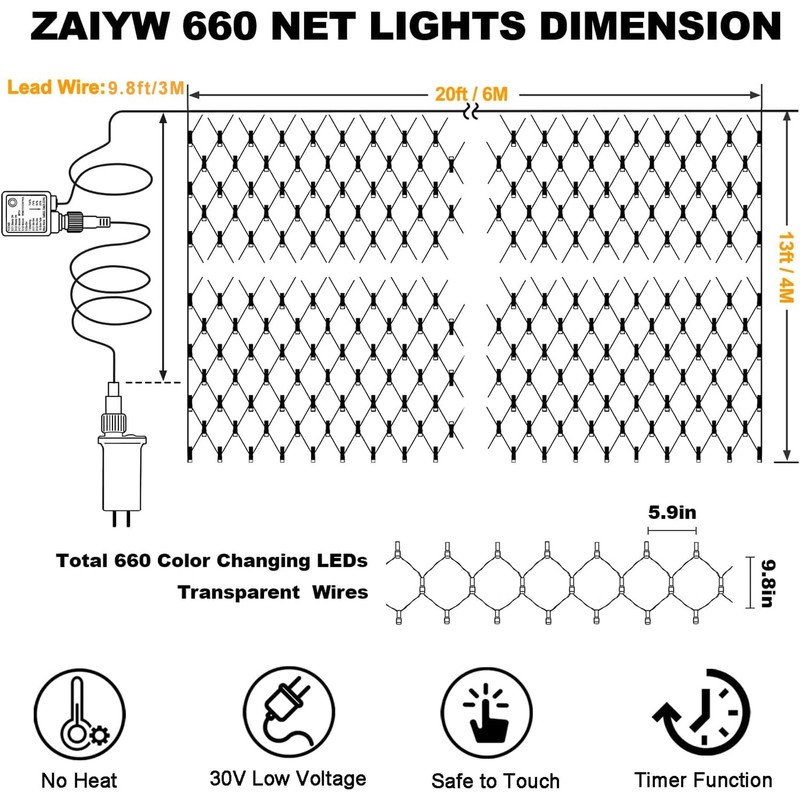 ZAIYW 660 LED Net Lights Outdoor Mesh Lights, 20Ft x