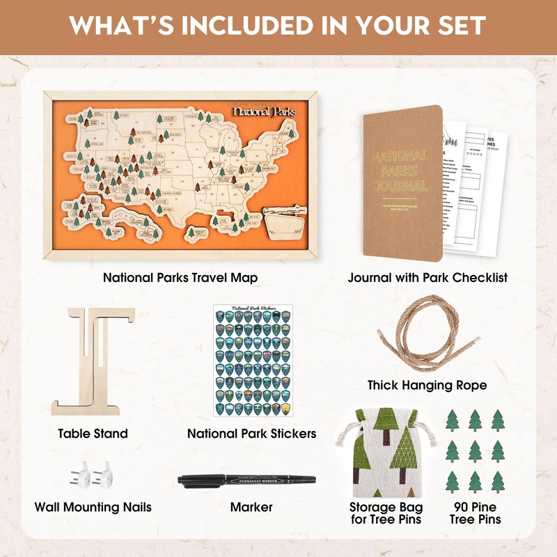 National Park Map Tracker, US National Parks Map, Wooden National