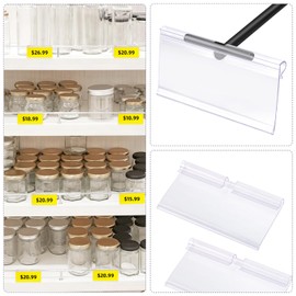 50 Pcs Clear Plastic Wire Shelf Label Holders, Basket Bin Labels Clip On for Storage Bins, Reusable Price Tag Holder, Merchandise Sign Display for Pantry Retail Shop (2.4 x 1.7 Inch)