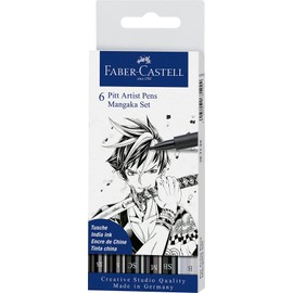 Faber-Castell 167124 Set Pennarelli Mangaka, Astuccio con 6 pennarelli, di cui uno a Punta Fine, uno a Pennello Morbido e uno Calligrafico Morbido di Colore Nero, per Disegno di Precisione o Manga
