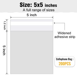 COQOFA 5x5 inch 200Pcs Clear Cookie Bags Cellophane Self Adhesive Small Candy Treat Gift Resealable Self Sealing Party Favors Plastic Packaging Bag