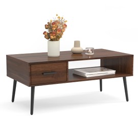 HAIOOU Coffee Table, Mid Century Modern Center Table for Living Room with Storage, Walnut Tea Table with Drawer, Open Storage Shelf, Floor-Anti-Scratching Pine Leg for Home, Office(Dark Brown)