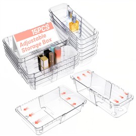 Nodaaiie 15 PCS Extendable Clear Plastic Drawer Organizer - Adjustable Bathroom Storage, 2-Sized Vanity Organizer for Tools, Bathroom, Silverware, Desk Drawers, and Pencil Trays.